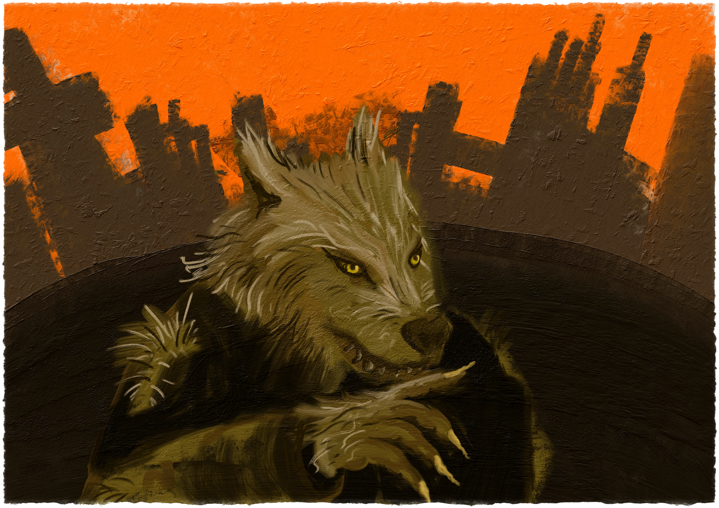a werewolf outside a ruined city